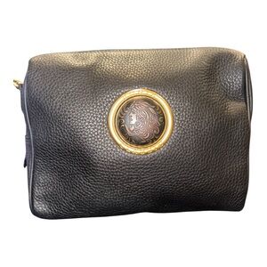 Bonia Designer Classic Black Pebbled Leather Crossbody Gold Medallion Bag B12